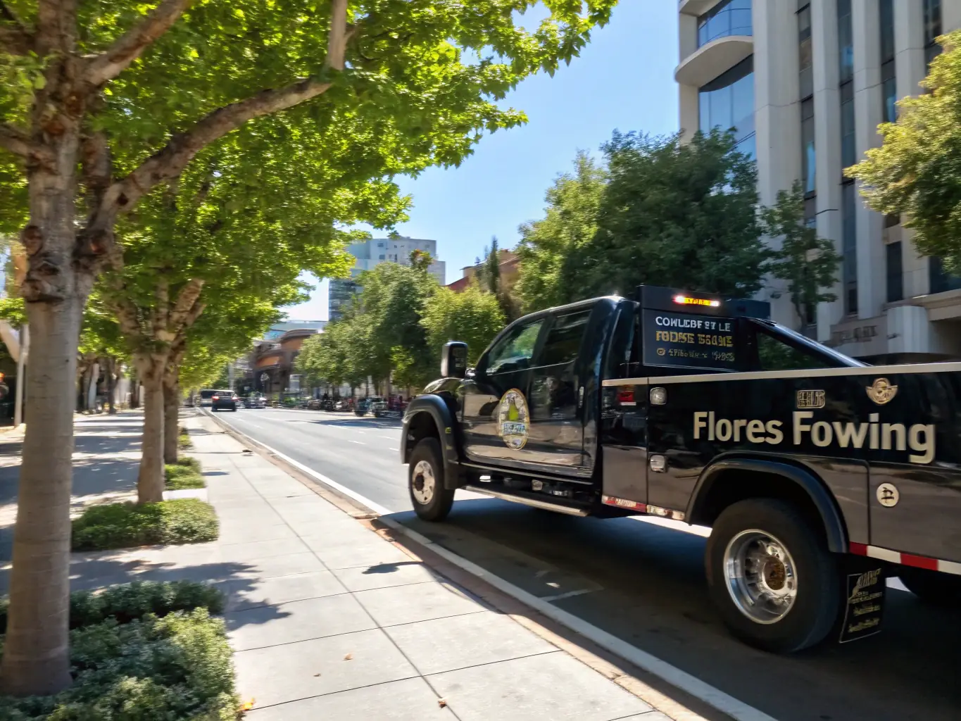 An image depicting a Flores Towing truck with the company logo prominently displayed, parked neatly on a sunny Fresno street, symbolizing reliability and local presence.