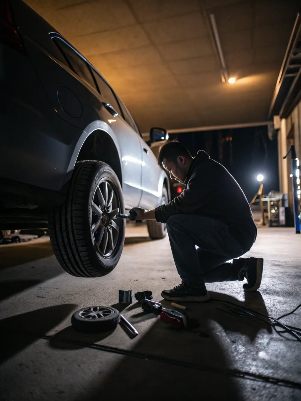 A technician assisting a driver with a flat tire on a Fresno street at dusk, illustrating Flores Towing's roadside assistance service.