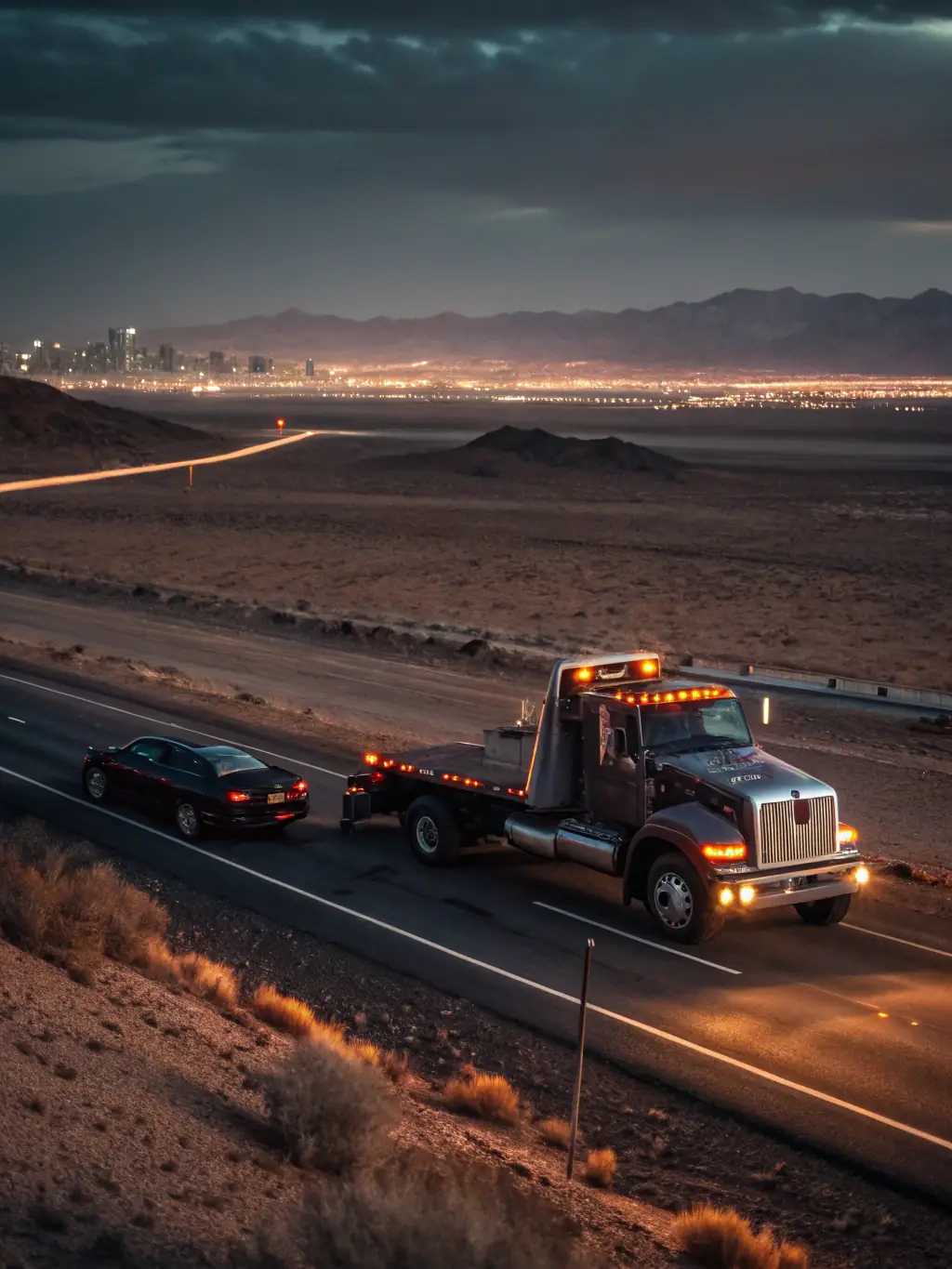A tow truck arriving at night to assist a vehicle involved in an accident on a Fresno highway, depicting Flores Towing's emergency towing service.