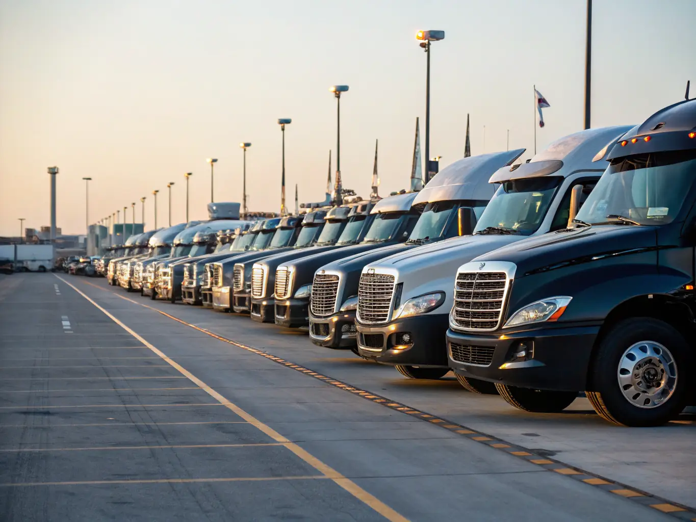 An image showcasing a diverse fleet of Flores Towing vehicles, including tow trucks and transport trucks, ready to handle any towing or transport need.