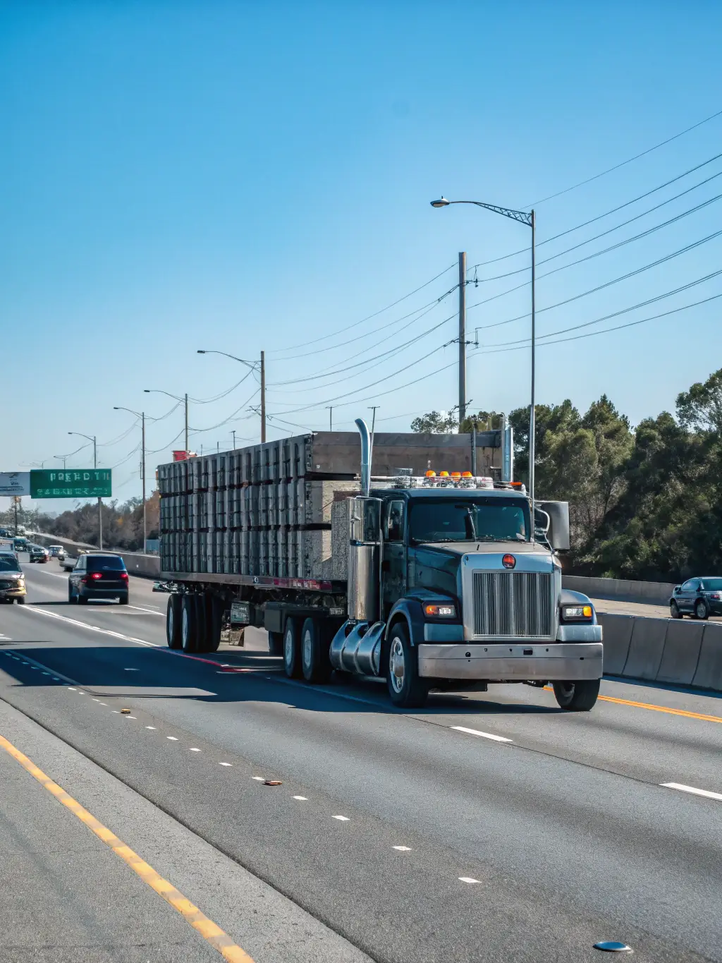 A professional transport truck carrying a vehicle along a highway with scenic California landscape, representing Flores Towing's long-distance transport service.