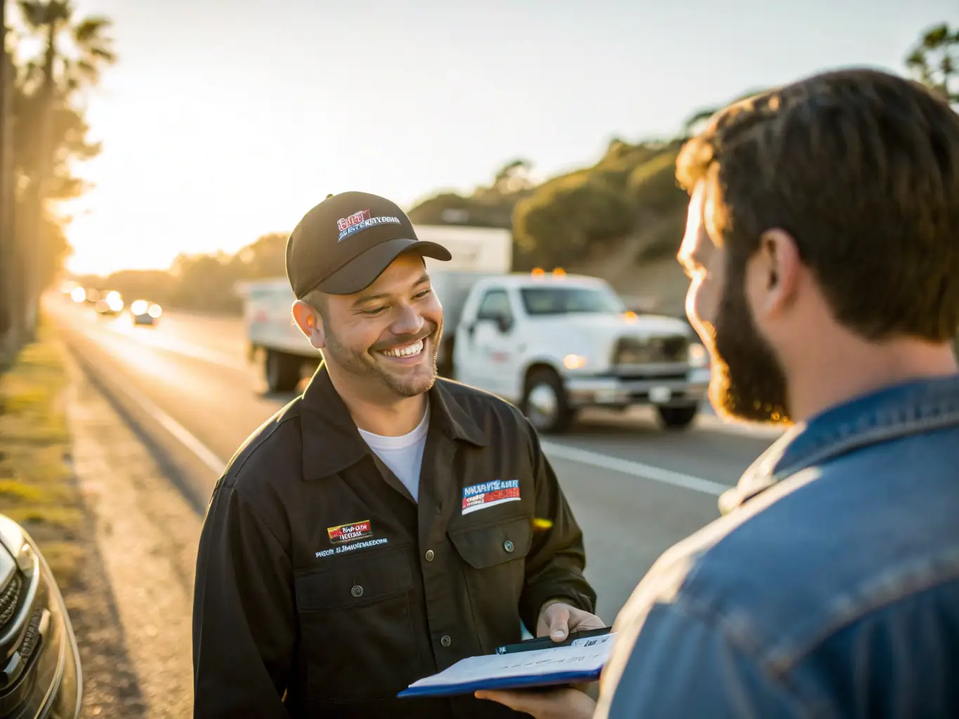 An image showing a Flores Towing driver assisting a customer with their vehicle, highlighting the company's commitment to customer service and professionalism.