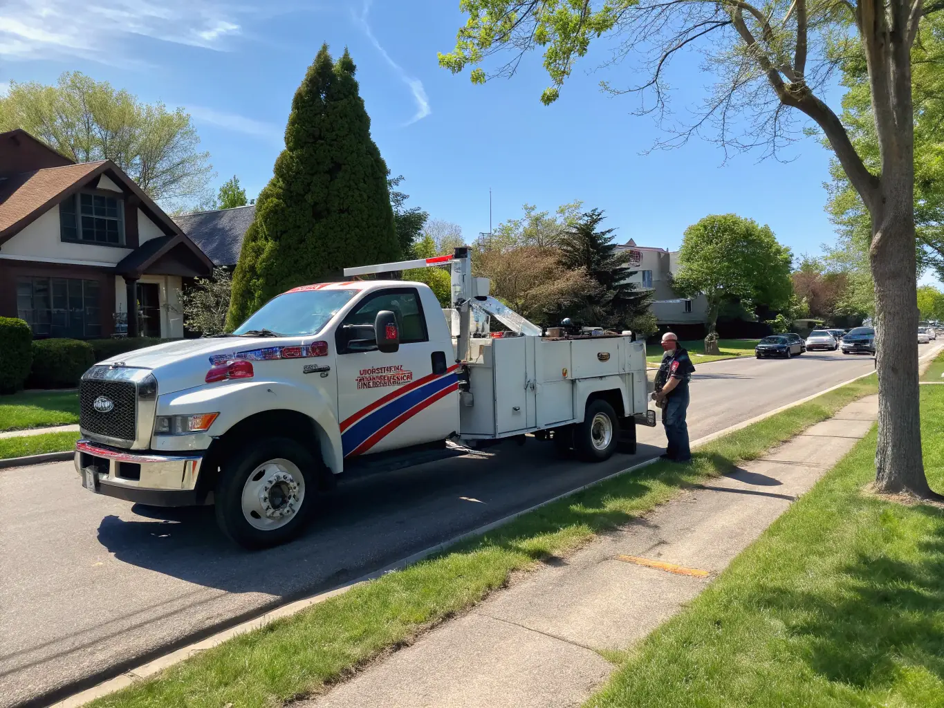 A tow truck assisting a driver with a flat tire on the side of a road in Fresno, CA, emphasizing roadside assistance.
