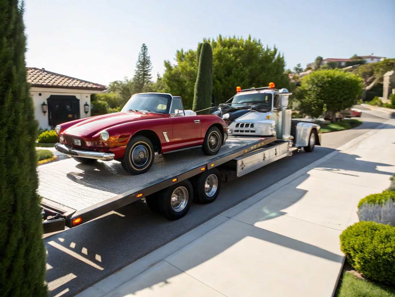 A tow truck lifting a car onto its flatbed in a residential area of Fresno, CA, during daylight, showcasing local towing services.